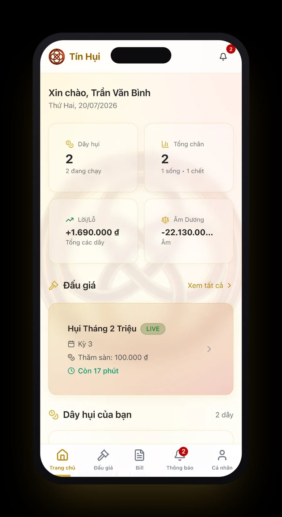 Màn hình tổng quan tài chính của hụi viên trên điện thoại