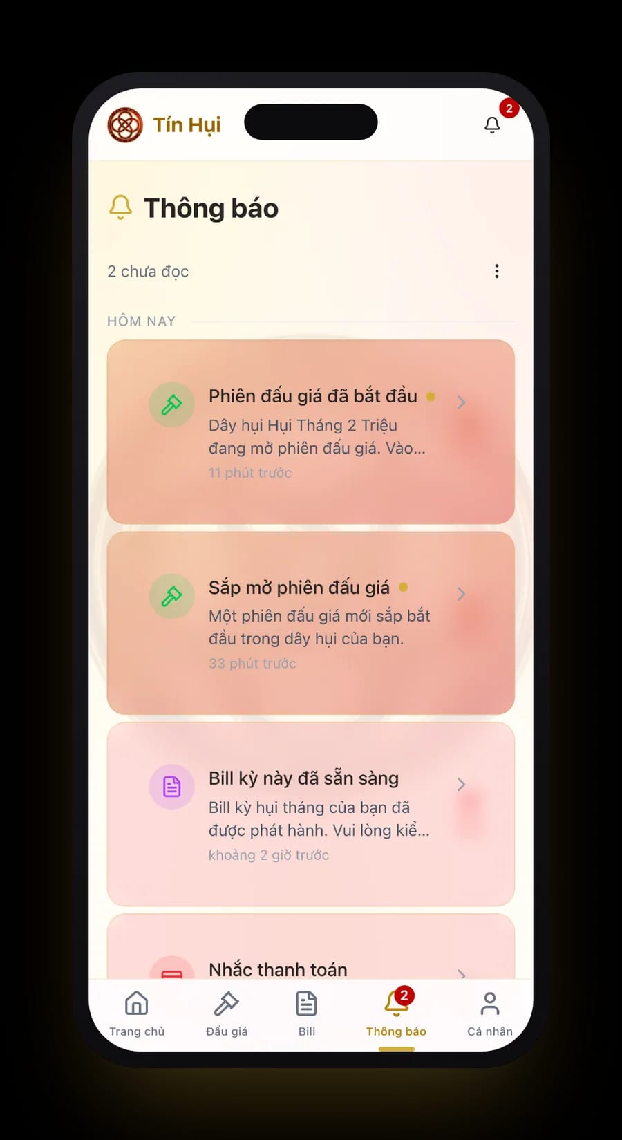 Màn hình thông báo của hụi viên trên điện thoại